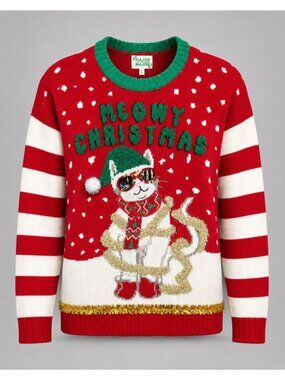 Meowy Christmas Womens Size Medium Ugly Christmas Sweater Cat Red White Stripes